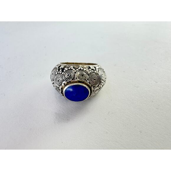 Vintage Afghan Lapis Lazuli Handmade Silver Tall Hollow Ring US Sz 8 - Picture 5 of 9